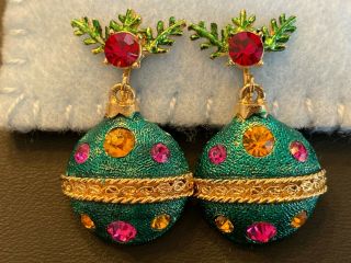 Vtg Holiday Clip Earrings Dangling Christmas Balls Colorful Rhinestones & Enamel