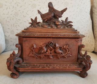 Antique Black Forest Hand Carved Wood Jewelry Box Birds Flowers - Large