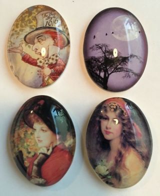 Cabachon,  Glass,  50x25mm,  Vintage Lady/alice In Wonderland/tree/lady