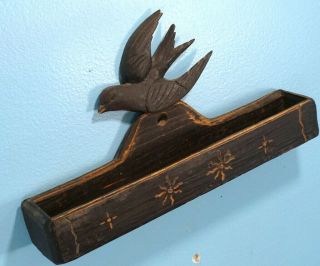Antique Swiss Black Forest Wood Carving Wall Pocket Letter Holder Swallow Relief