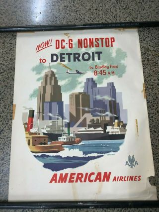 Vtg Orig Travel Poster American Airlines Bradley Airport Ct Detroit Bern Hill