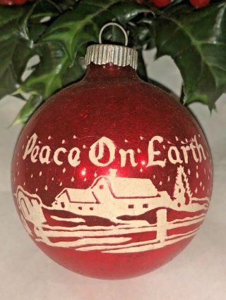 Vintage Shiny Brite Stenciled Peace On Earth Mercury Glass Christmas Ball Red