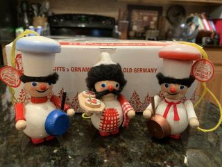 Vintage Set Of Steinbach Wooden Christmas Ornaments W/ Box/tags - Trio Of Chefs