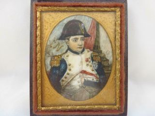 Antique 19th C Miniature Painting Of Napoleon Bonaparte In Leather Case