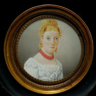 Antique Georgian Miniature Portrait Painting " Mrs G.  Lowe Of Hunter Farm " C.  1810