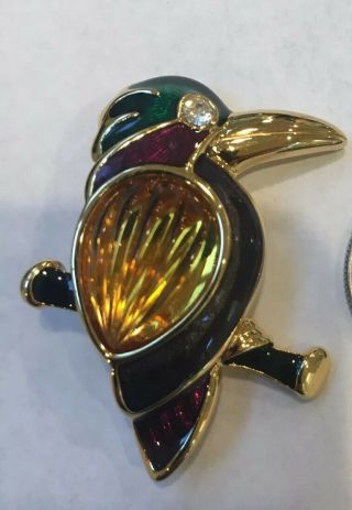 Vintage Monet Signed,  Gold Tone,  Enamel Bird With A Yellow Glass Wing Pin Brooch