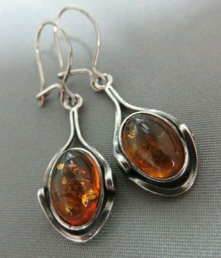 Long,  Vintage,  Solid Silver & Amber Drop Earrings.  Art Nouveau.  Ref: Xaod Os