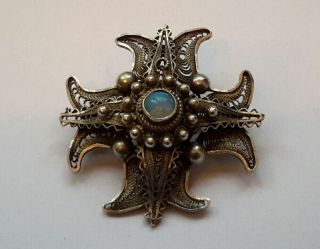 A Vintage Opal And 900 Silver Filigree Jerusalem Cross Brooch,  4cm / 1.  5 "
