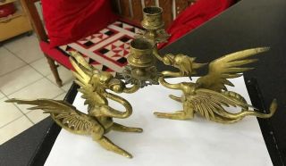 Pair Antique Victorian Gothic Brass Dragon Gryphon Candlesticks Chamber Sticks