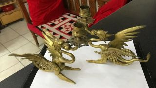 Pair Antique Victorian Gothic Brass Dragon Gryphon Candlesticks Chamber Sticks 2