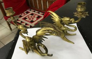 Pair Antique Victorian Gothic Brass Dragon Gryphon Candlesticks Chamber Sticks 3