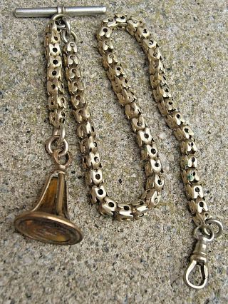 Vintage Victorian Gold Metal Albert Pocket Watch Chain And Intaglio Seal Fob