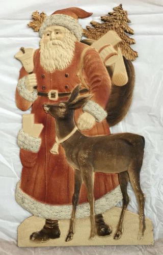 Antique Christmas Large Die - Cut Santa Claus With Reindeer & Sparkles