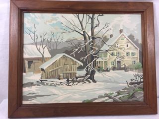 Vtg Framed Paint By Number 19” X 15” Winter Farm Barn Snow Sleigh