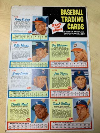 1962 Post Cereal Uncut Panel Sheet 7 Cards Ex - Mt W/ 84 Billy Martin 75 117 132,