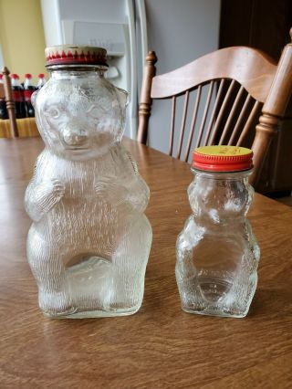 Vintage Glass Snow Crest Bear Bank Syrup Bottles Set Of 2