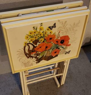 Vintage Artex Tv Trays & Stand Set Of 3 Flower & Butterfly Pattern See Pictures