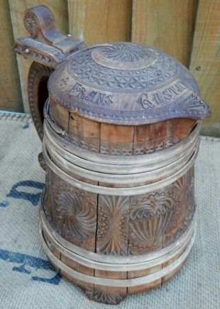 Antique 19th C Swedish Folk Art Birchwood Pegged Tankard Carved Decoration Named