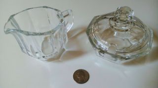 Vintage Ribbed Heavy Clear Cut Glass Creamer & Sugar Bowl With Lid.