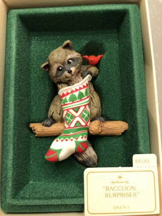 Vintage 1982 Hallmark Keepsake Christmas Ornament Raccoon Surprises Box Qx479 - 3