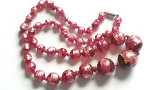 Czech Vintage Art Deco Hand Knotted Hot Pink Foil Glass Bead Necklace