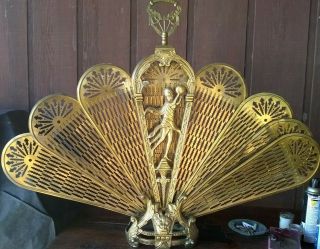 Vintage Antique Ornate Brass Peacock Fireplace Fan Folding Screen Lady Art Deco