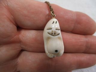 Vintage Carved Tooth/bone 1 " Billiken Good Luck Pendant - 18 " Gf Chain Necklace - Ig