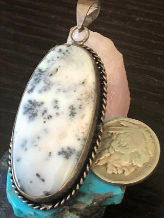 Vintage Native American White Buffalo Turquoise Sterling Silver Long Pendant 16g
