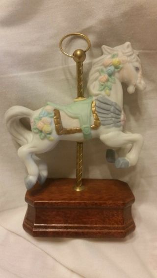 Vintage Merry - Go - Round Porcelain Horse Figurine On Wooden Base