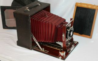 Antique 1907 Conley Camera,  Red Bellows Field View 5 " X 7 " Wollesak Optimo Lens