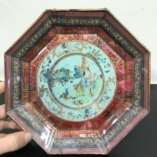 Vintage Asian Oriental Painted Glass Octagonal Decorative Plate