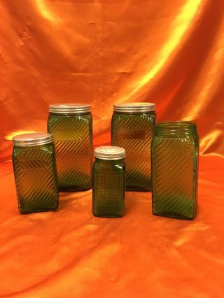 Vintage Set Of 5 Green Glass Canister Set