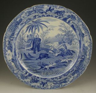 Antique Pottery Pearlware Blue Transfer Spode Indian Sporting Bear Plate 1810