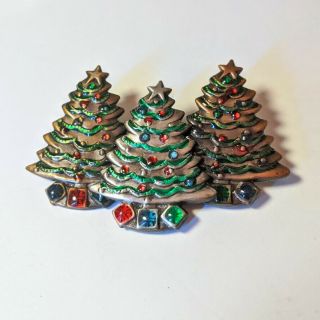 Vintage Signed K&t 3 Christmas Trees Enamel Relief Brooch Pin Holiday Jewelry