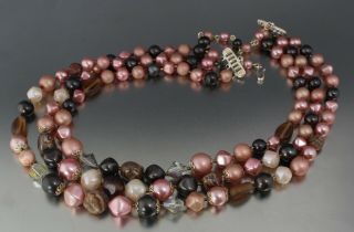Vintage 50’s Pink & Brown Art & Crystal Glass Bead Multi 3 Strand Necklace Japan