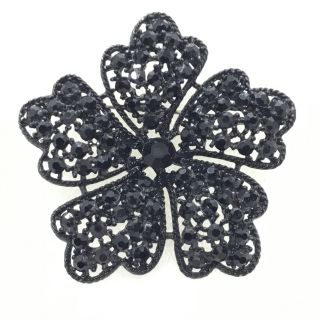 Signed Kramer Vintage Flower Brooch Pin Black Japanned Glass Rhinestone Jewelry