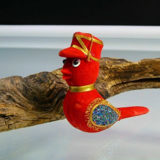 Vintage Christmas Red Flocked Bird Ornament