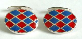 A Vintage 1980s Silver Chain Link Cufflinks With Red & Blue Enamel
