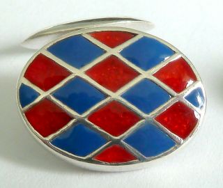 A VINTAGE 1980s SILVER CHAIN LINK CUFFLINKS WITH RED & BLUE ENAMEL 3