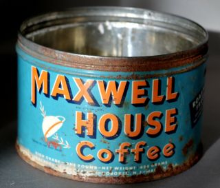 Vintage Maxwell House One - Pound Pound Round Tin Coffee Can Without Cover