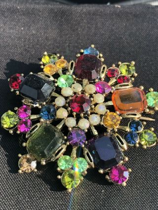 Vintage Jewelry Multi Color Red Blue Green Rhinestone Brooch Pin Rainbow Wow