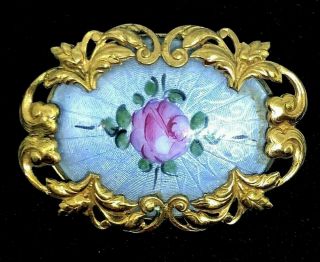 Vintage Gold Tone Blue Guilloche Enamel W/pink & Green Rose Pin Or Pendant