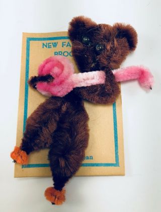 Vintage 1940s Handmade Carnival Fair Prize - Bear with Pink Guitar Brooch Pin 2