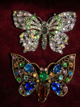 Vintage Art Deco Filigree Coloured Rhinestone Butterfly Brooch & Another Czech