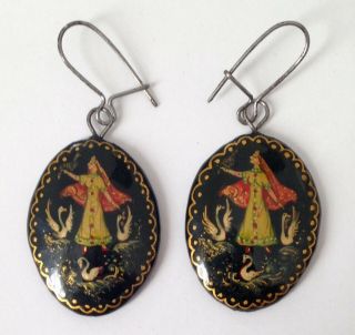 Vintage Palekh Russian Lacquer Earrings Woman With 3 Swans Hand Painted