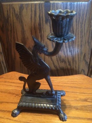 Dragon fantasy candle holder gargoyle winged griffin old vintage cast iron 2