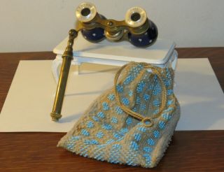 Antique Marchand Paris Cobalt Enameled Opera Glasses W/extension Arm/beaded Bag