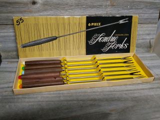 Vintage Stainless Steel Fondue Forks Set 6 Color Coded Wood Handles