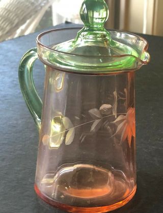 Vintage Etched Pink & Green Watermelon Glass Syrup Pitcher