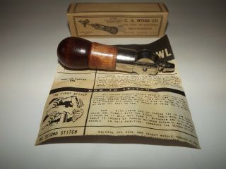 Vtg C A Myers Combination Leather Sewing Awl Box Instructions Needles